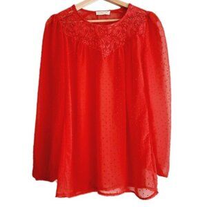 NUNA LIE Swiss Dot & Lace Semi-Sheer Lightweight Blouse Top Red Sz S